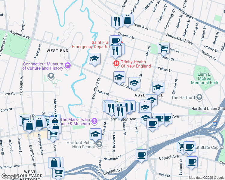map of restaurants, bars, coffee shops, grocery stores, and more near 86 Gillett Street in Hartford
