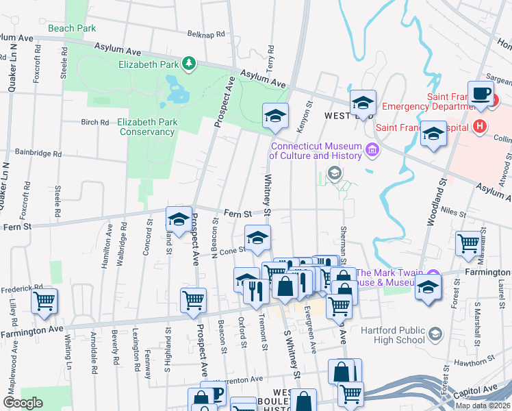 map of restaurants, bars, coffee shops, grocery stores, and more near 82 Fern Street in Hartford