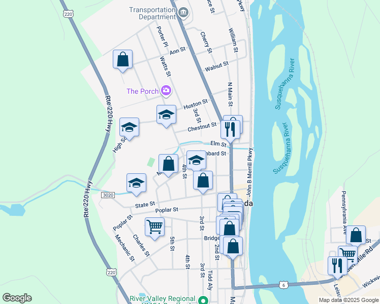 map of restaurants, bars, coffee shops, grocery stores, and more near 108 Lombard Street in Towanda