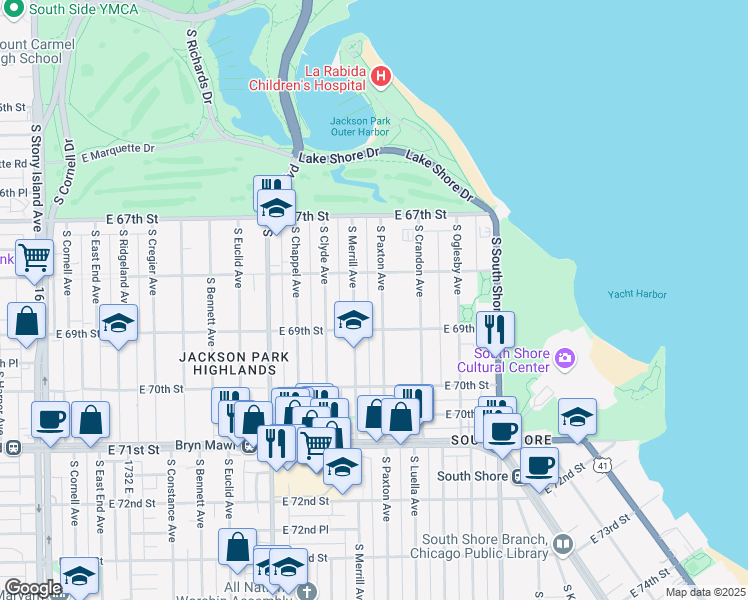 map of restaurants, bars, coffee shops, grocery stores, and more near 6842 South Paxton Avenue in Chicago