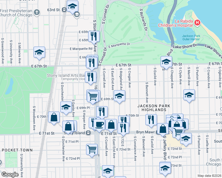 map of restaurants, bars, coffee shops, grocery stores, and more near 6831 South East End Avenue in Chicago