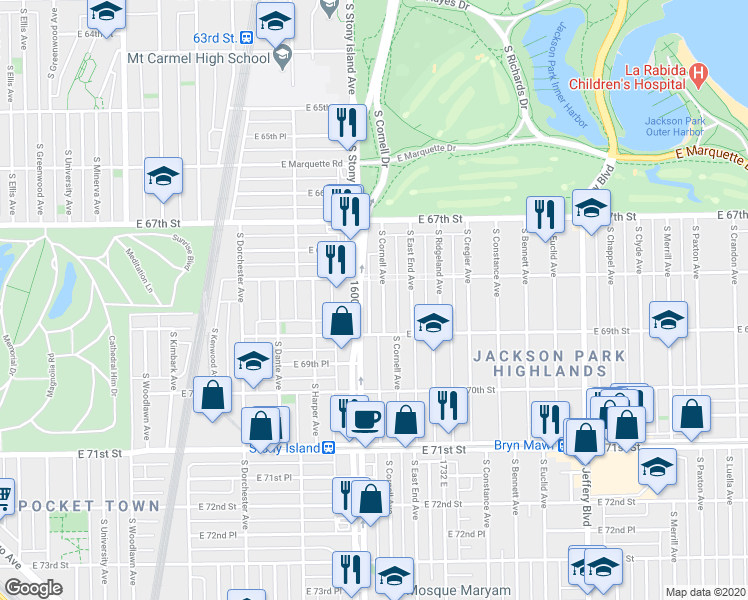 map of restaurants, bars, coffee shops, grocery stores, and more near 6831 South Cornell Avenue in Chicago
