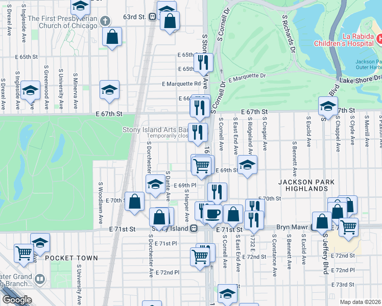 map of restaurants, bars, coffee shops, grocery stores, and more near 6835 South Harper Avenue in Chicago