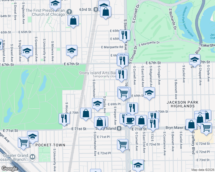 map of restaurants, bars, coffee shops, grocery stores, and more near 6831 South Dante Avenue in Chicago