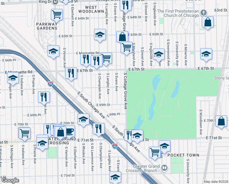 map of restaurants, bars, coffee shops, grocery stores, and more near 6830 South Evans Avenue in Chicago