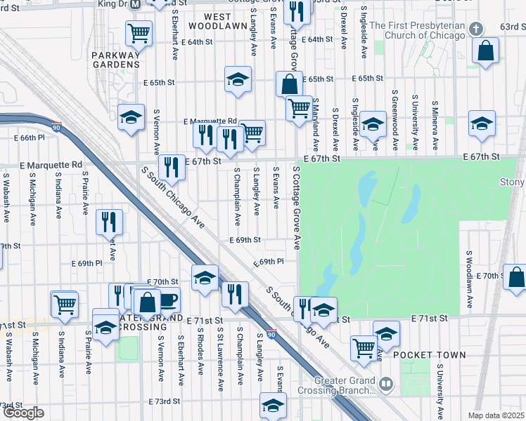 map of restaurants, bars, coffee shops, grocery stores, and more near 6830 South Evans Avenue in Chicago