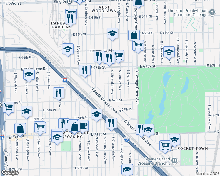 map of restaurants, bars, coffee shops, grocery stores, and more near 6823 South Champlain Avenue in Chicago