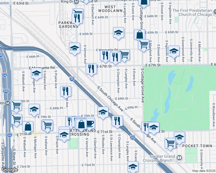 map of restaurants, bars, coffee shops, grocery stores, and more near 6824 South Saint Lawrence Avenue in Chicago