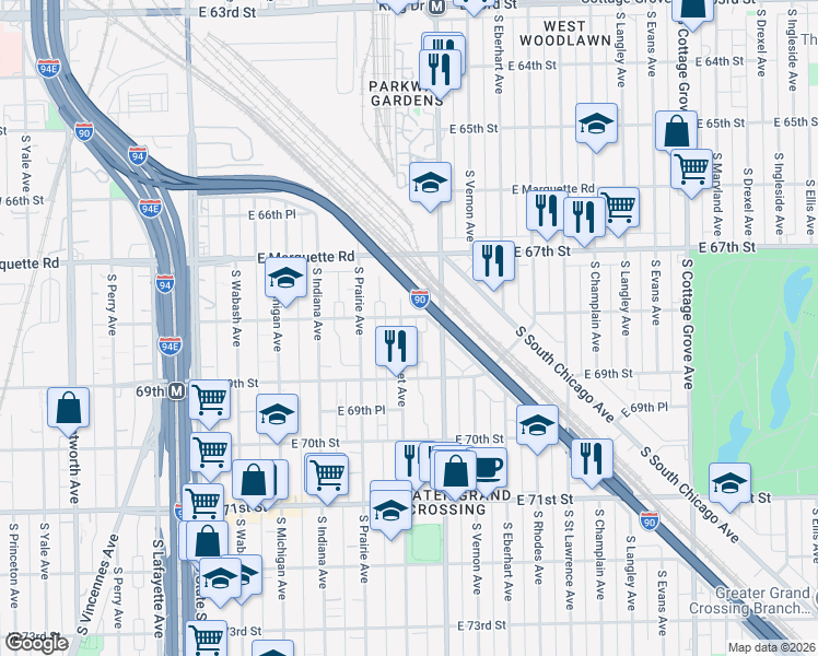 map of restaurants, bars, coffee shops, grocery stores, and more near 6817 South Calumet Avenue in Chicago