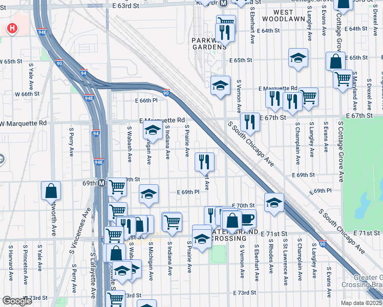 map of restaurants, bars, coffee shops, grocery stores, and more near 6817 South Prairie Avenue in Chicago