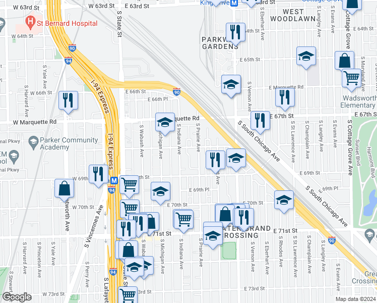map of restaurants, bars, coffee shops, grocery stores, and more near 6817 South Indiana Avenue in Chicago