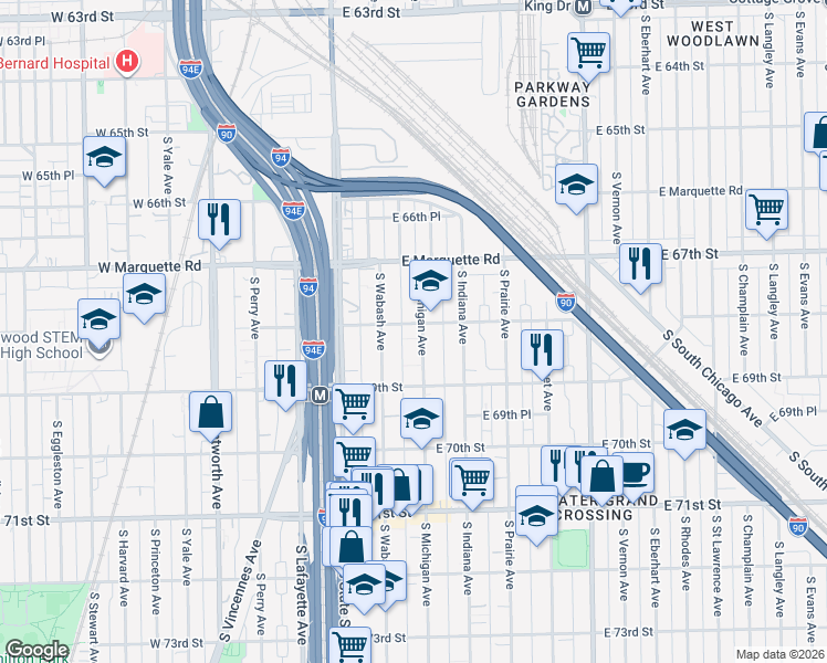 map of restaurants, bars, coffee shops, grocery stores, and more near 6820 South Michigan Avenue in Chicago