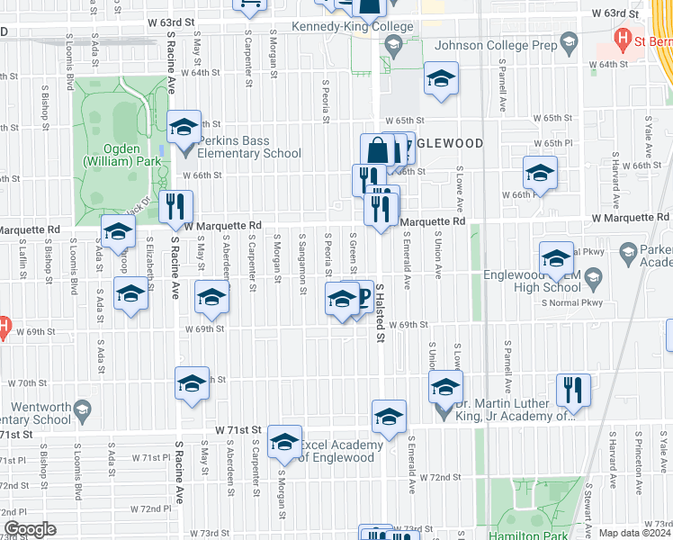 map of restaurants, bars, coffee shops, grocery stores, and more near 853 West 68th Street in Chicago