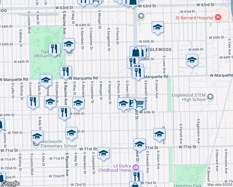 map of restaurants, bars, coffee shops, grocery stores, and more near 917 West 68th Street in Chicago