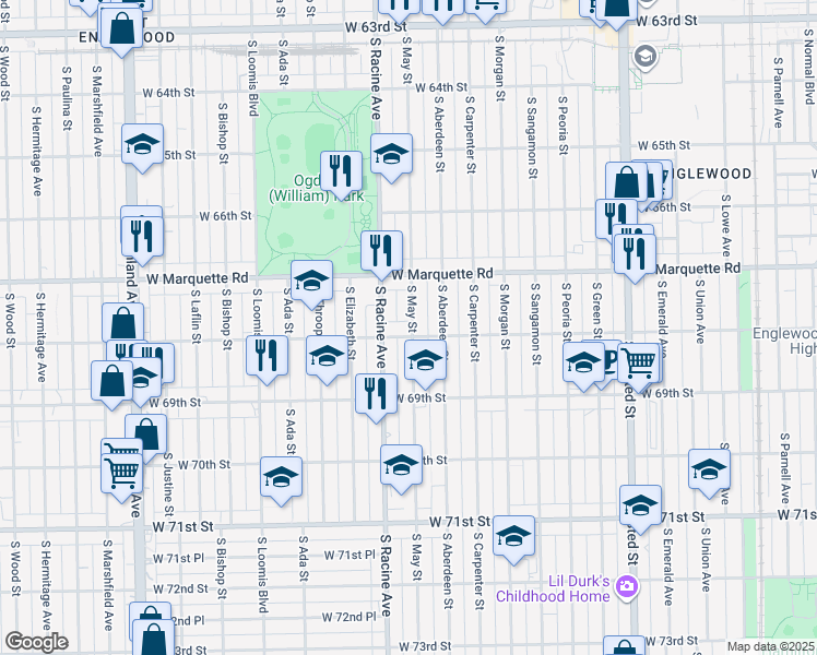 map of restaurants, bars, coffee shops, grocery stores, and more near 6803 South May Street in Chicago