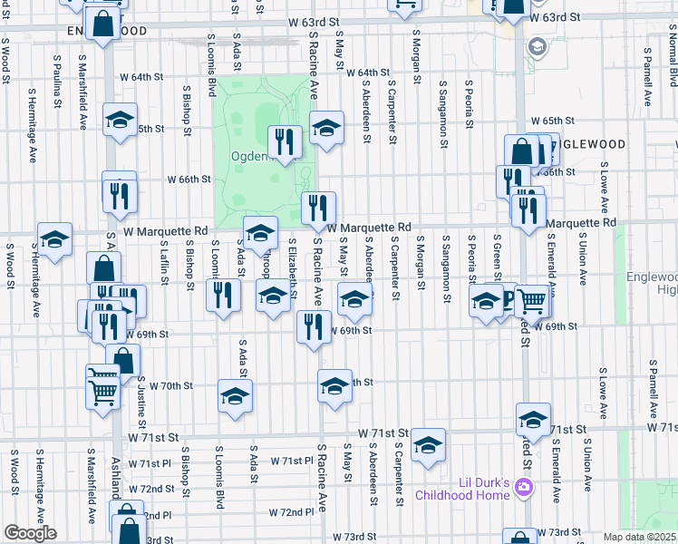 map of restaurants, bars, coffee shops, grocery stores, and more near 6801 South Racine Avenue in Chicago