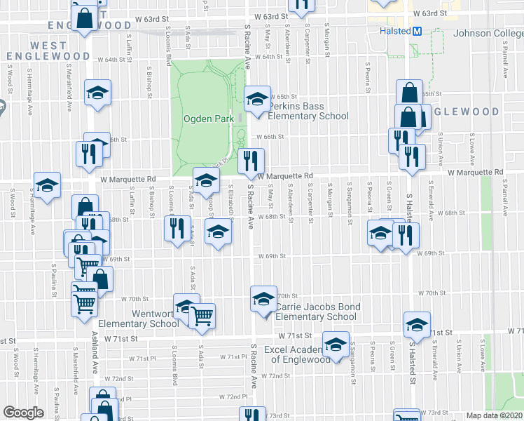 map of restaurants, bars, coffee shops, grocery stores, and more near 6801 South Racine Avenue in Chicago