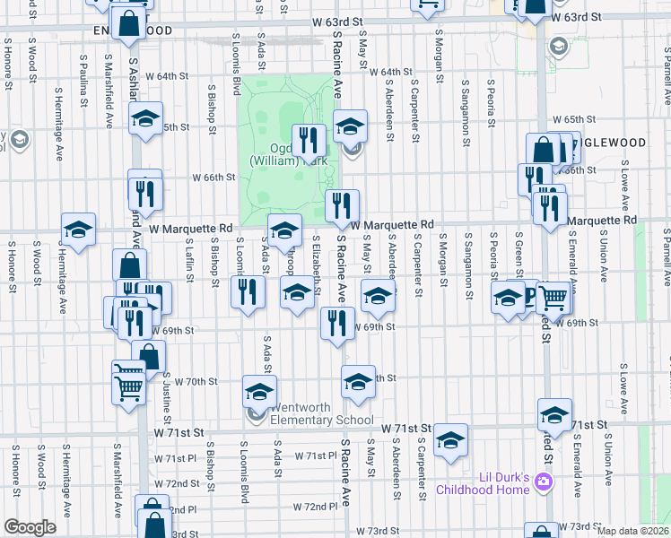 map of restaurants, bars, coffee shops, grocery stores, and more near 6801 South Racine Avenue in Chicago