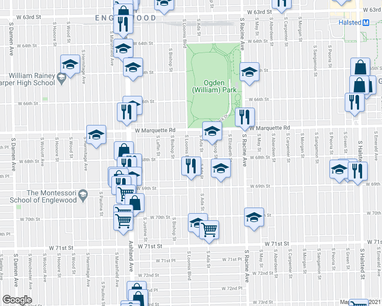 map of restaurants, bars, coffee shops, grocery stores, and more near 1351 West 68th Street in Chicago