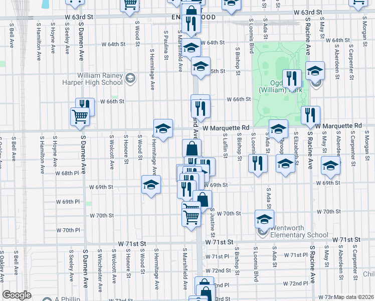 map of restaurants, bars, coffee shops, grocery stores, and more near 1608 West 68th Street in Chicago