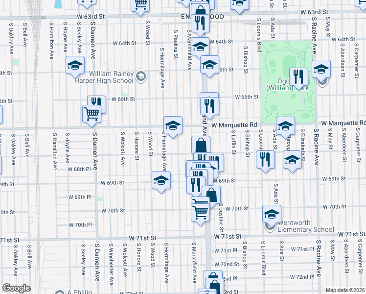 map of restaurants, bars, coffee shops, grocery stores, and more near 6759 South Paulina Street in Chicago