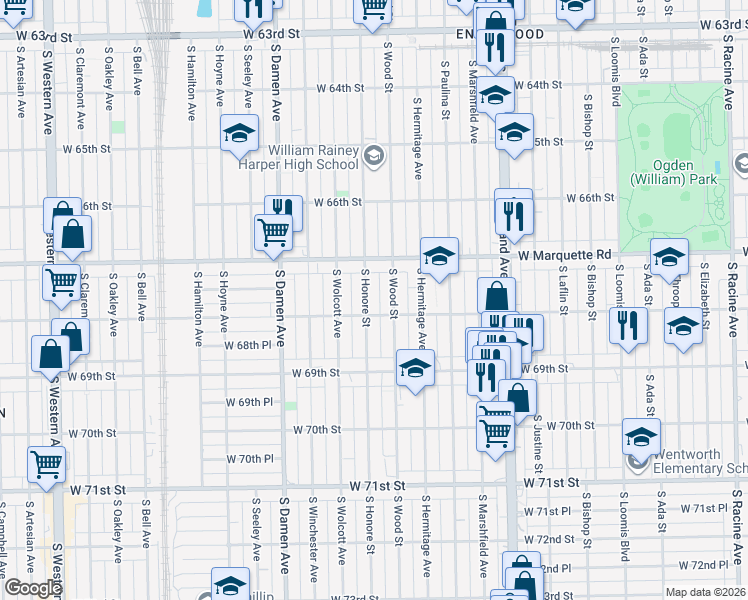 map of restaurants, bars, coffee shops, grocery stores, and more near 6758 South Wood Street in Chicago