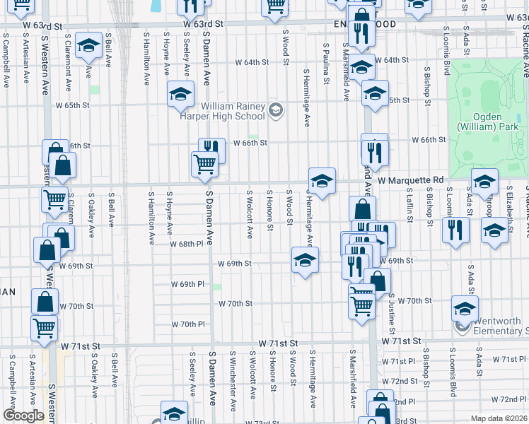map of restaurants, bars, coffee shops, grocery stores, and more near 6754 South Honore Street in Chicago