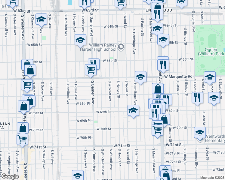 map of restaurants, bars, coffee shops, grocery stores, and more near 6754 South Honore Street in Chicago