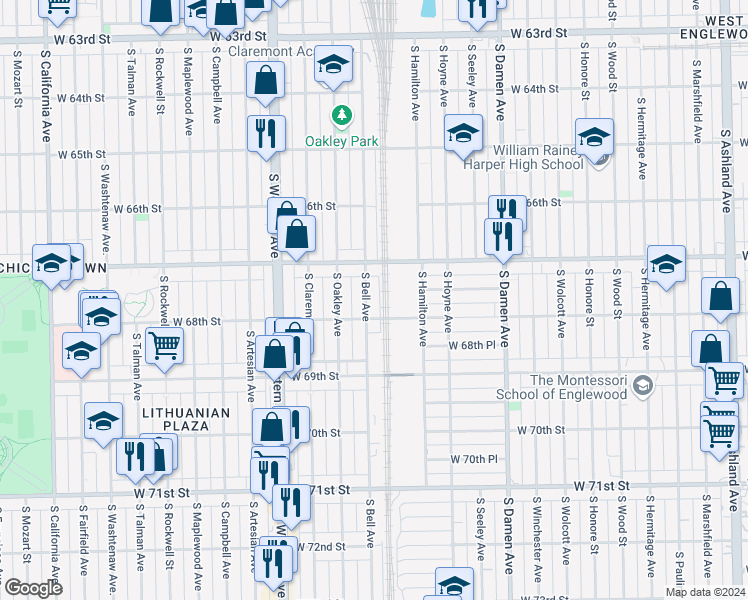 map of restaurants, bars, coffee shops, grocery stores, and more near 6751 South Bell Avenue in Chicago