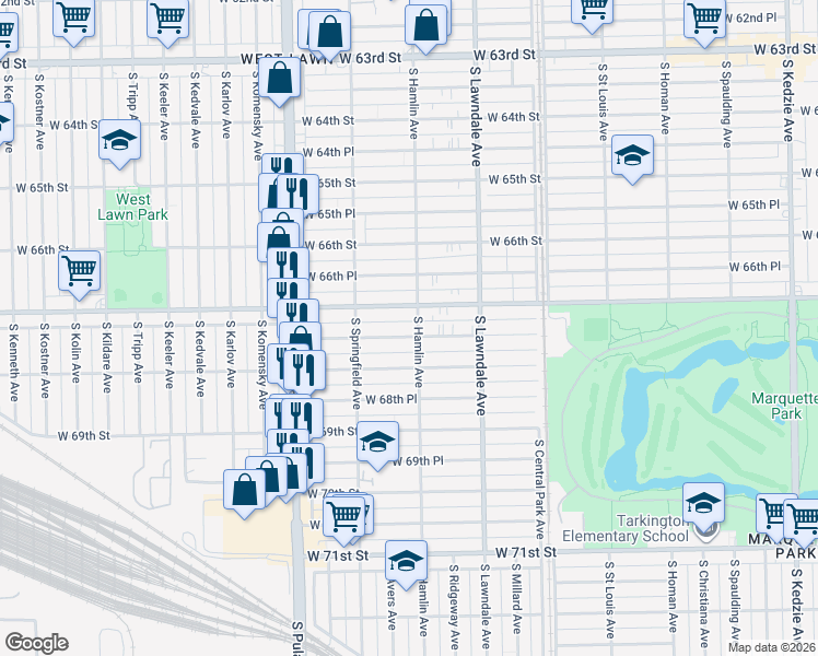 map of restaurants, bars, coffee shops, grocery stores, and more near 3819 West 67th Place in Chicago