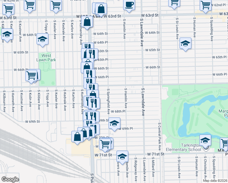 map of restaurants, bars, coffee shops, grocery stores, and more near 3858 West 67th Place in Chicago