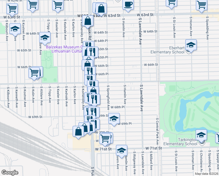 map of restaurants, bars, coffee shops, grocery stores, and more near 3858 West 67th Place in Chicago