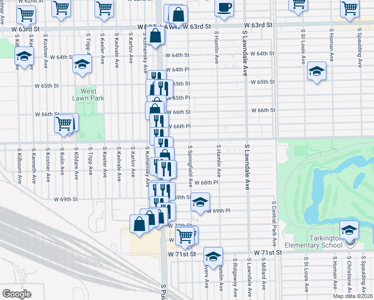 map of restaurants, bars, coffee shops, grocery stores, and more near 3858 West 67th Place in Chicago