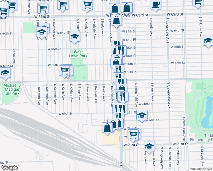 map of restaurants, bars, coffee shops, grocery stores, and more near 6727 South Karlov Avenue in Chicago