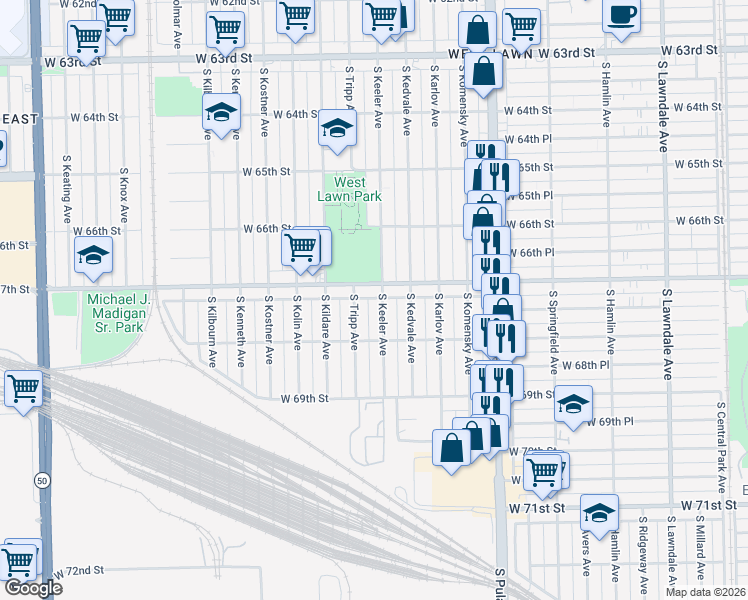 map of restaurants, bars, coffee shops, grocery stores, and more near 6726 South Keeler Avenue in Chicago