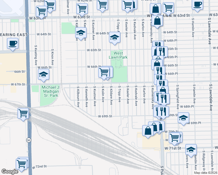 map of restaurants, bars, coffee shops, grocery stores, and more near 6727 South Kolin Avenue in Chicago