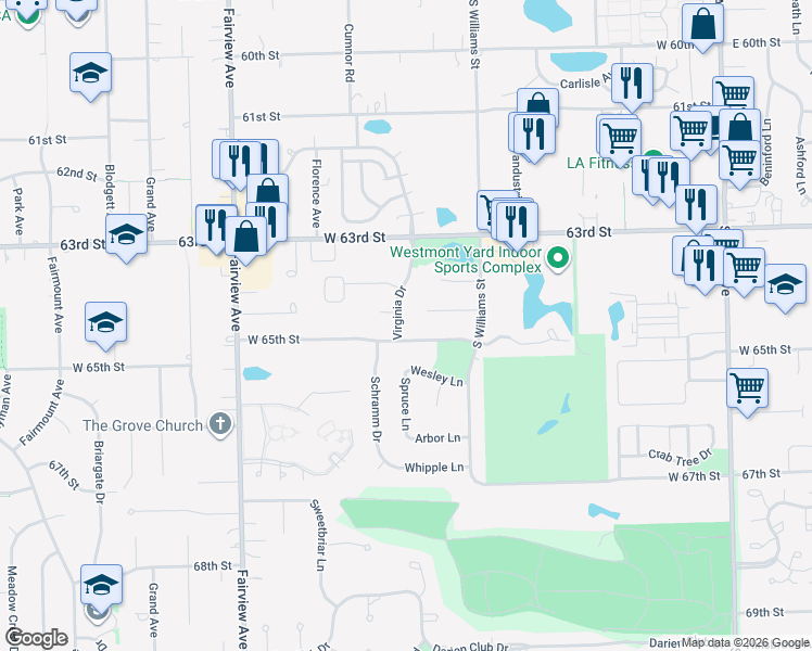 map of restaurants, bars, coffee shops, grocery stores, and more near 436 65th Street in Westmont