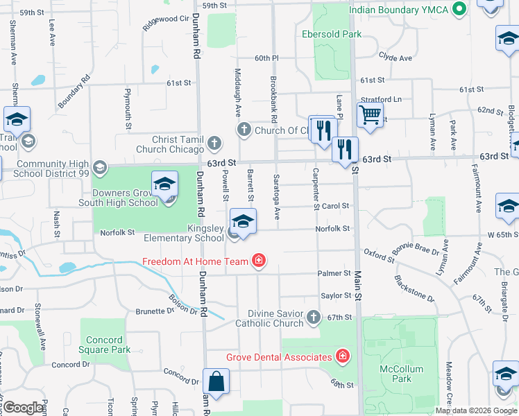 map of restaurants, bars, coffee shops, grocery stores, and more near 6404 Saratoga Avenue in Downers Grove