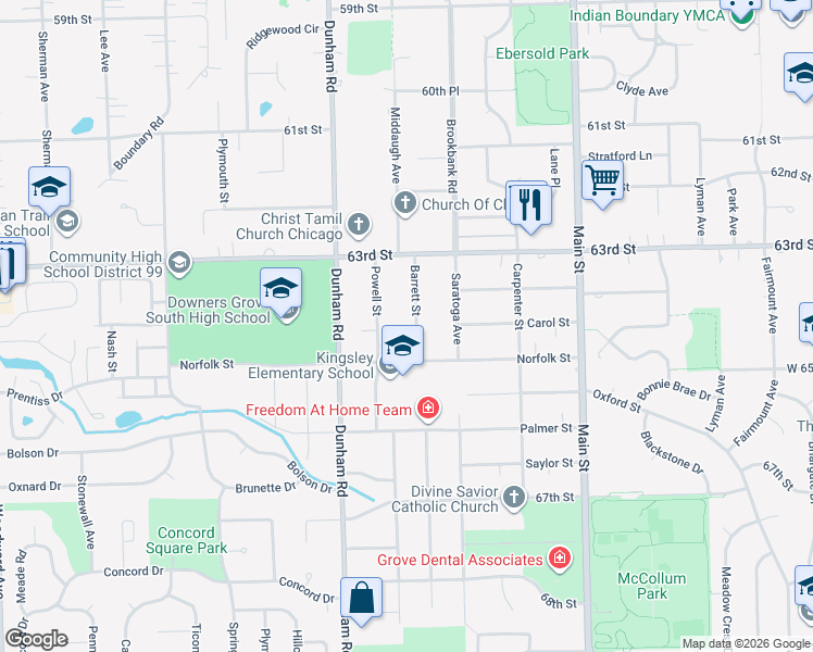 map of restaurants, bars, coffee shops, grocery stores, and more near 6404 Barrett Street in Downers Grove