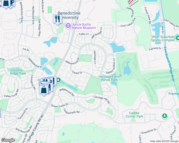 map of restaurants, bars, coffee shops, grocery stores, and more near 6365 Kindling Court in Lisle