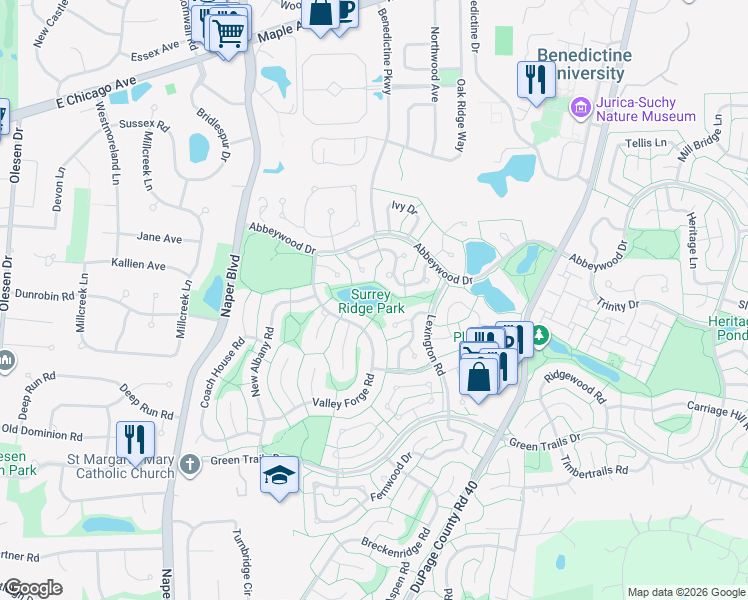 map of restaurants, bars, coffee shops, grocery stores, and more near 2662 Bentley Court in Lisle