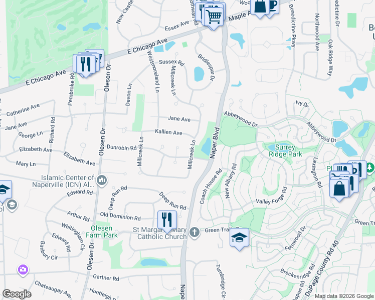 map of restaurants, bars, coffee shops, grocery stores, and more near 1407 Dunrobin Road in Naperville