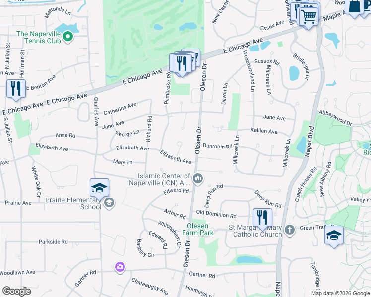 map of restaurants, bars, coffee shops, grocery stores, and more near 245 Olesen Drive in Naperville