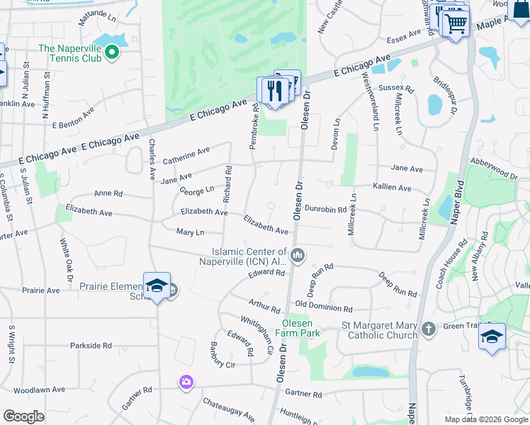map of restaurants, bars, coffee shops, grocery stores, and more near 239 Oxford Court in Naperville