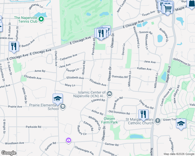 map of restaurants, bars, coffee shops, grocery stores, and more near 239 Oxford Court in Naperville