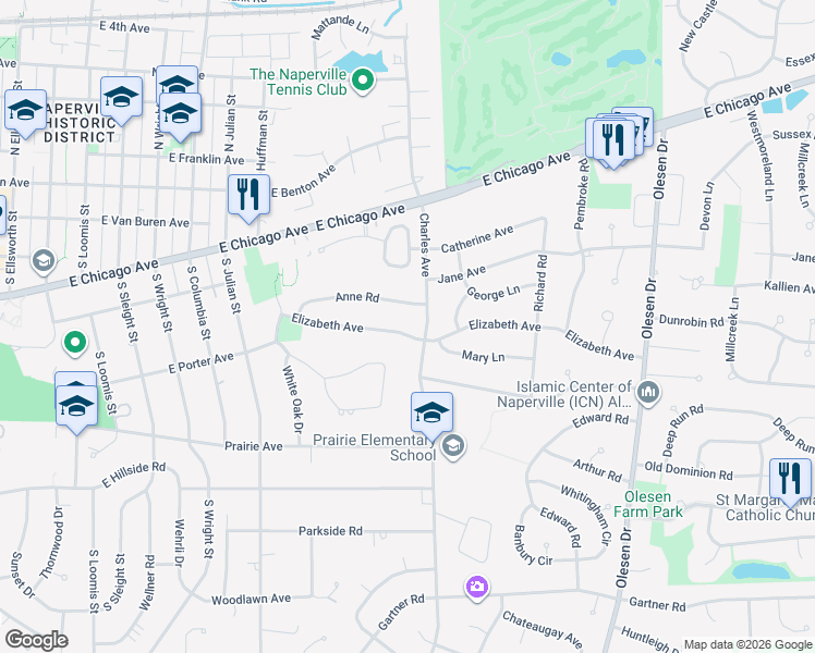 map of restaurants, bars, coffee shops, grocery stores, and more near 1032 Elizabeth Avenue in Naperville