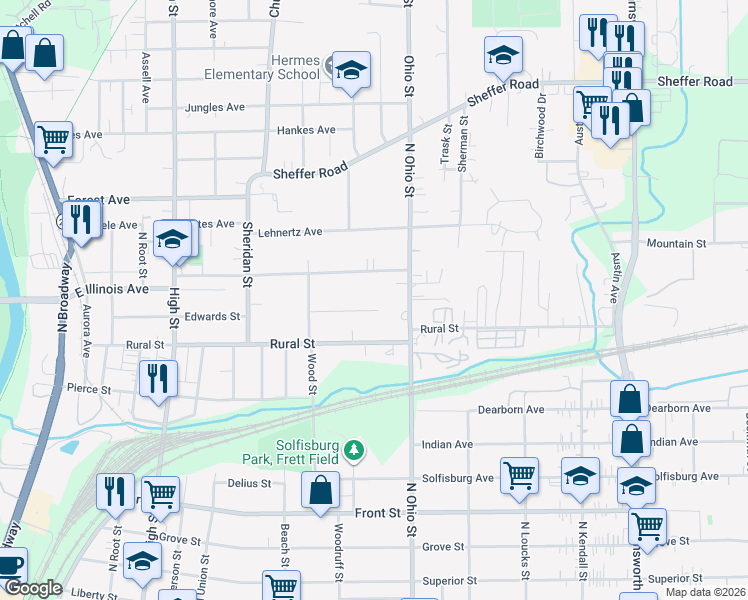 map of restaurants, bars, coffee shops, grocery stores, and more near 964 Edwards Street in Aurora