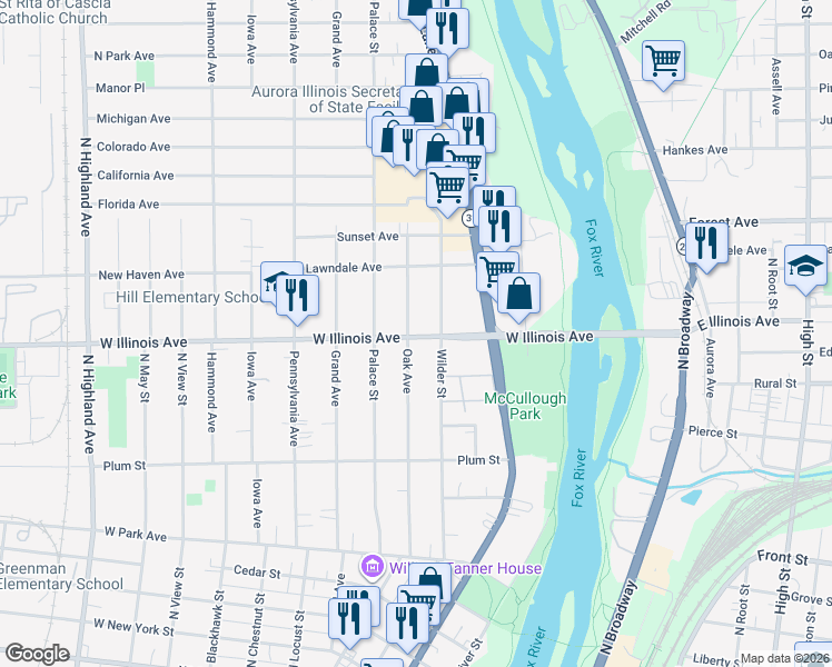 map of restaurants, bars, coffee shops, grocery stores, and more near 648 Oak Avenue in Aurora