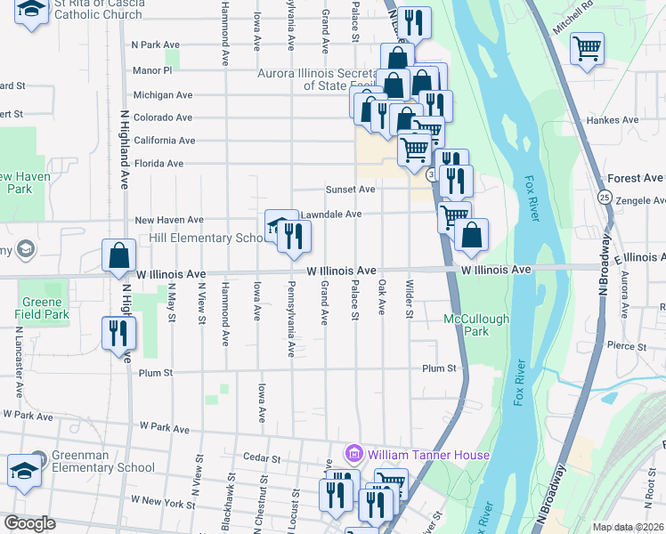 map of restaurants, bars, coffee shops, grocery stores, and more near 650 Grand Avenue in Aurora