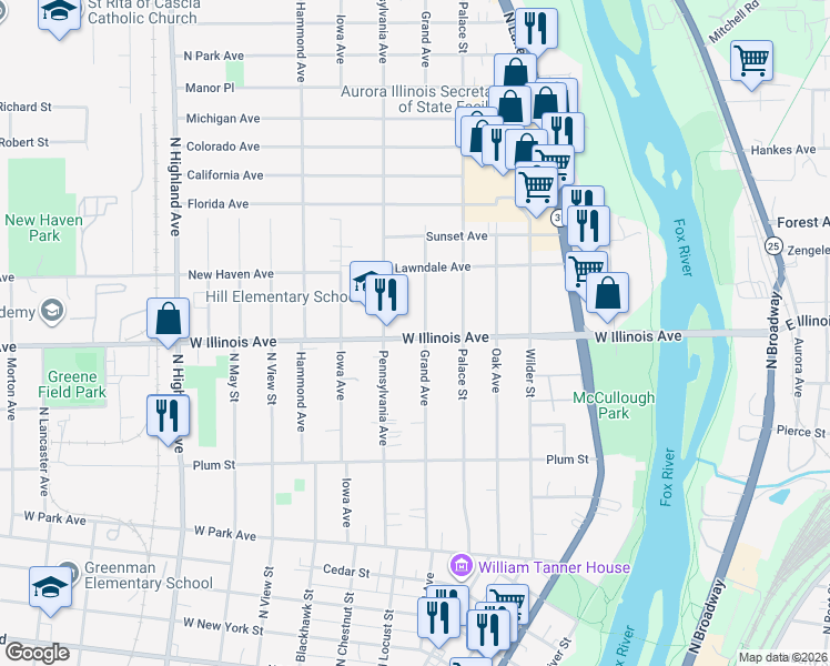 map of restaurants, bars, coffee shops, grocery stores, and more near 650 Grand Avenue in Aurora